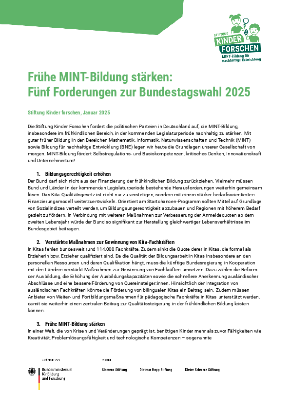 Forderungen der Stiftung Kinder forschen